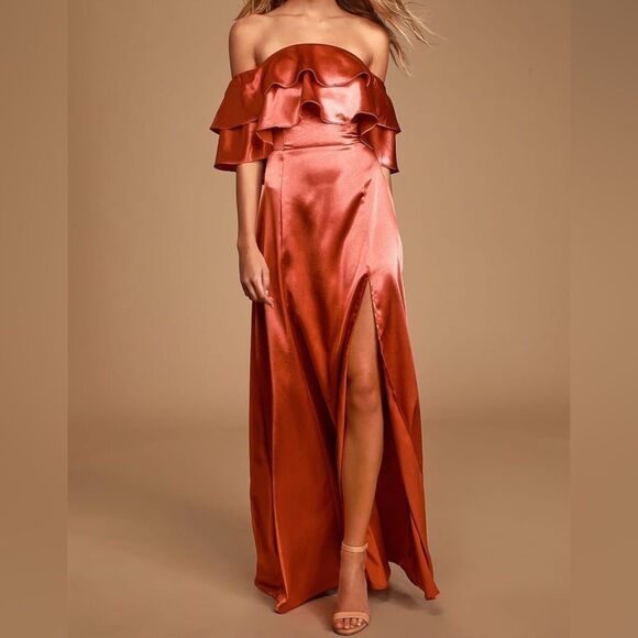 Lulus Pure Happiness Rust Orange Satin Off-the-Shoulder Maxi Dress Size XS - Picture 1 of 7